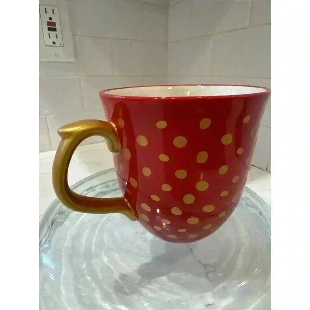 The Pioneer Woman Collection Red Gold Polka Dotted Stoneware Mug Ornate Handle